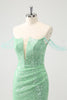 Load image into Gallery viewer, Sparkly Green Off the Shoulder Ruched Tight Graduation Dress with Sequins