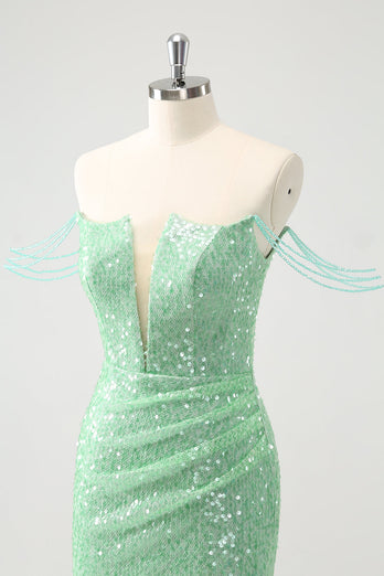 Sparkly Green Off the Shoulder Ruched Tight Graduation Dress with Sequins