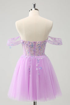 A Line Lilac Off the Shoulder Sequined Graduation Dress