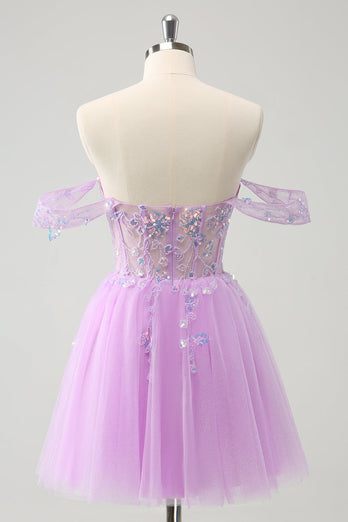 A Line Lilac Off the Shoulder Sequined Graduation Dress