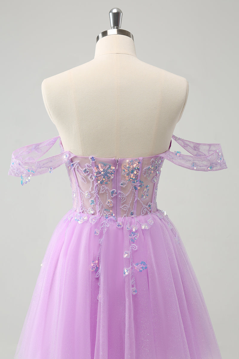 Load image into Gallery viewer, A Line Lilac Off the Shoulder Sequined Graduation Dress