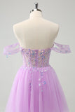 A Line Lilac Off the Shoulder Sequined Graduation Dress