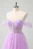 Load image into Gallery viewer, A Line Lilac Off the Shoulder Sequined Graduation Dress