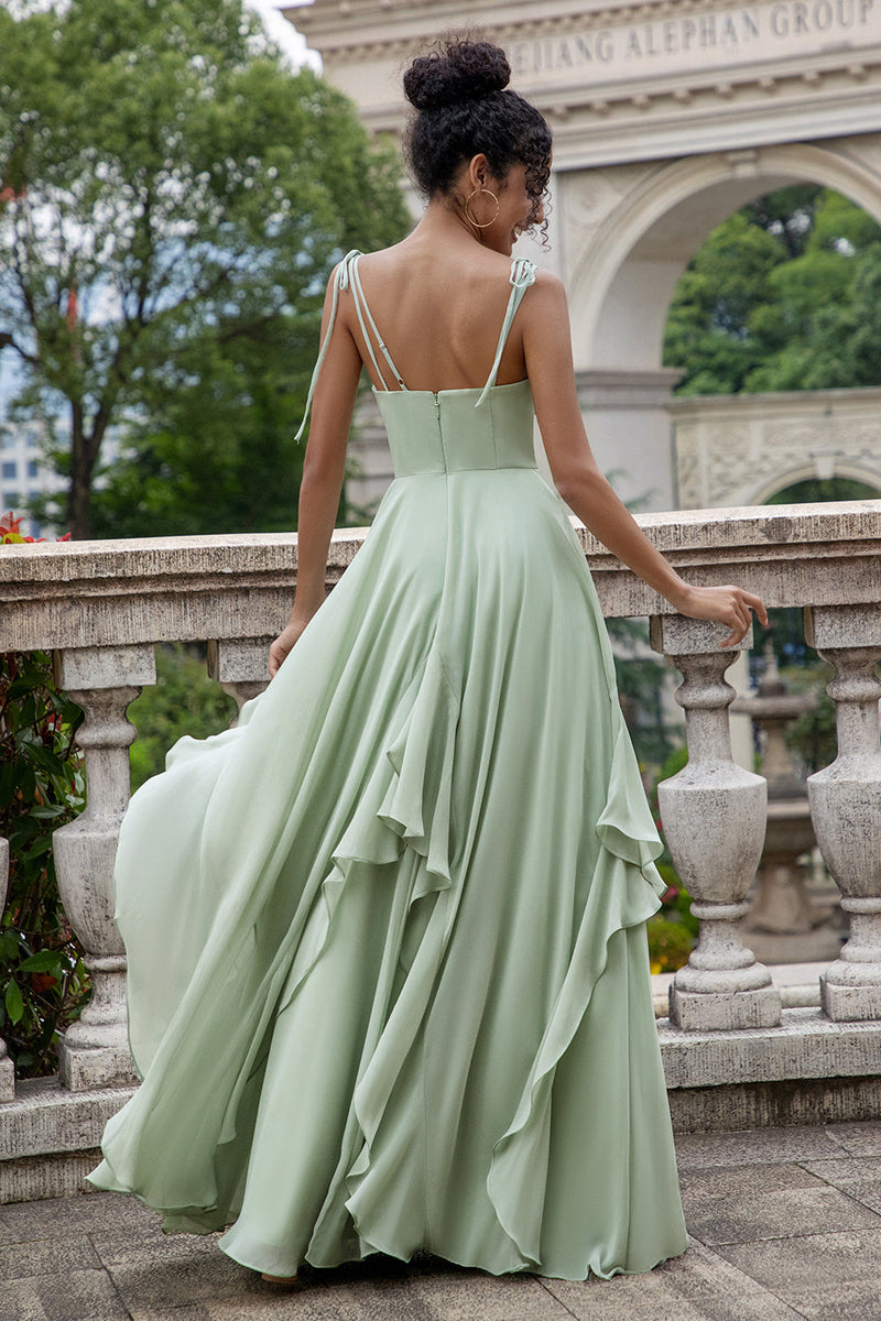 Load image into Gallery viewer, Matcha A Line Spaghetti Straps Long Bridesmaid Dress with Ruffles