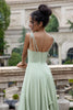 Load image into Gallery viewer, Matcha A Line Spaghetti Straps Long Bridesmaid Dress with Ruffles