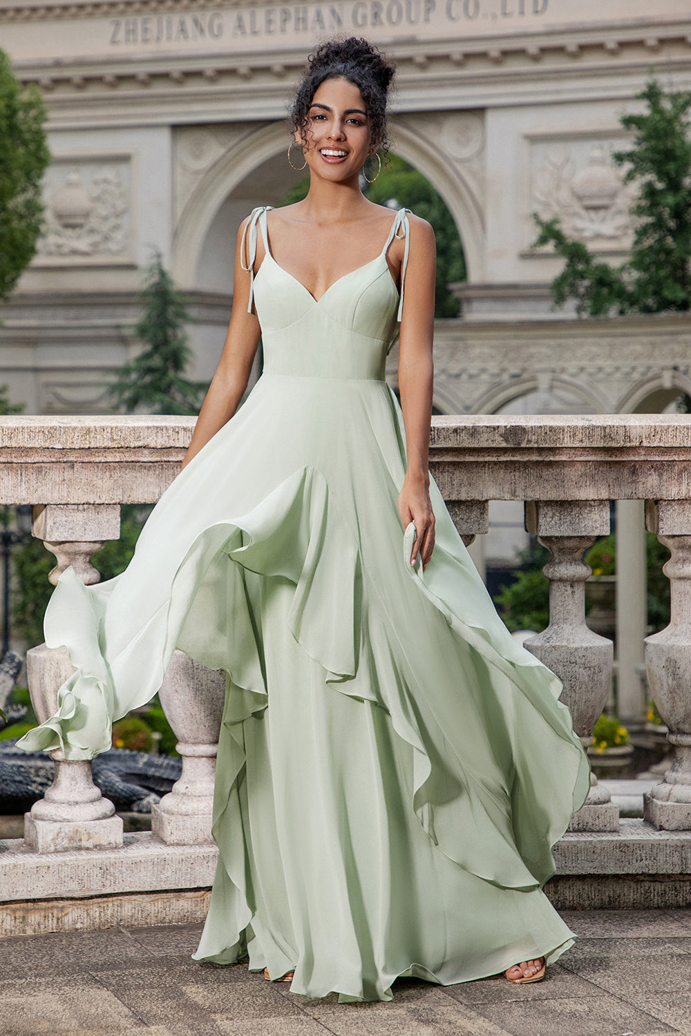 Matcha A Line Spaghetti Straps Long Bridesmaid Dress with Ruffles