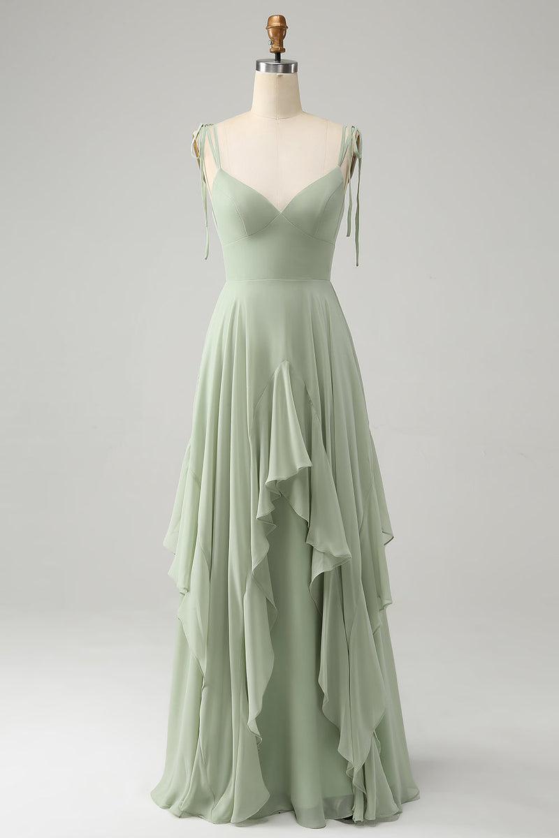 Load image into Gallery viewer, Matcha A-Line Spaghetti Straps Chiffon Bridesmaid Dress with Ruffles
