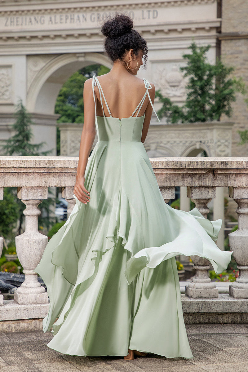 Load image into Gallery viewer, Matcha A-Line Spaghetti Straps Chiffon Bridesmaid Dress with Ruffles