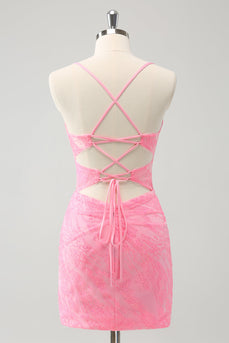 Pink Spaghetti Straps Tight Corset Graduation Dress with Lace Up Back