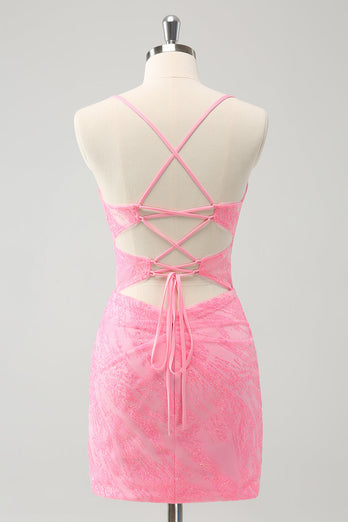 Pink Spaghetti Straps Tight Corset Graduation Dress with Lace Up Back