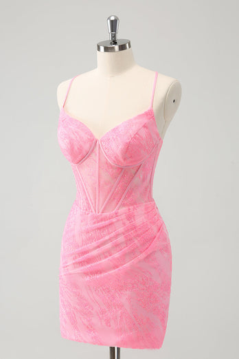 Pink Spaghetti Straps Tight Corset Graduation Dress with Lace Up Back