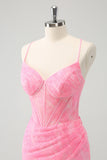 Pink Spaghetti Straps Tight Corset Graduation Dress with Lace Up Back