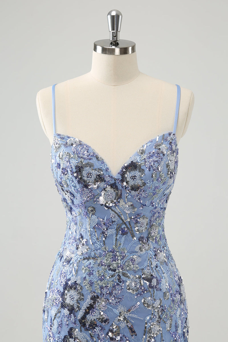 Load image into Gallery viewer, Grey Blue Spaghetti Straps Sequined Tight Graduation Dress