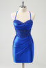 Load image into Gallery viewer, Sparkly Royal Blue Tight Corset Short Graduation Dress with Lace Up Back