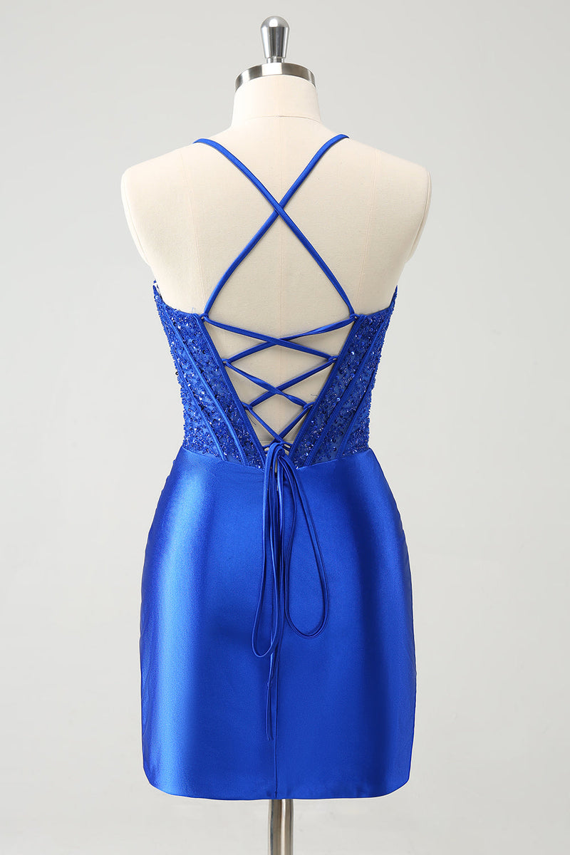 Load image into Gallery viewer, Sparkly Royal Blue Tight Corset Short Graduation Dress with Lace Up Back