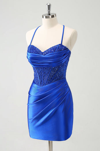 Sparkly Royal Blue Tight Corset Short Graduation Dress with Lace Up Back