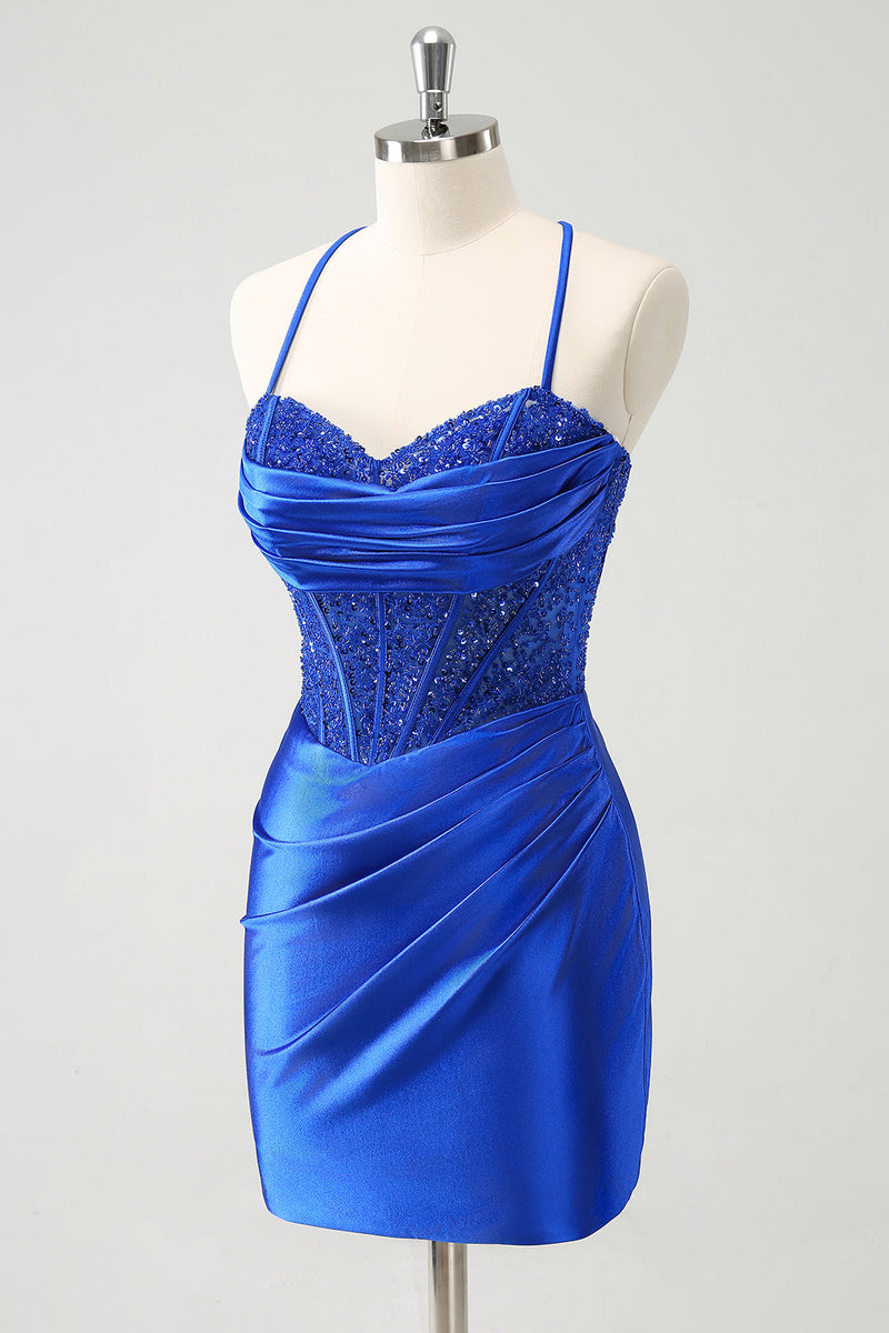 Load image into Gallery viewer, Sparkly Royal Blue Tight Corset Short Graduation Dress with Lace Up Back