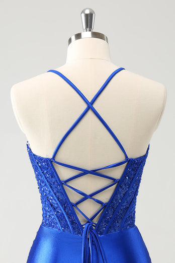 Sparkly Royal Blue Tight Corset Short Graduation Dress with Lace Up Back