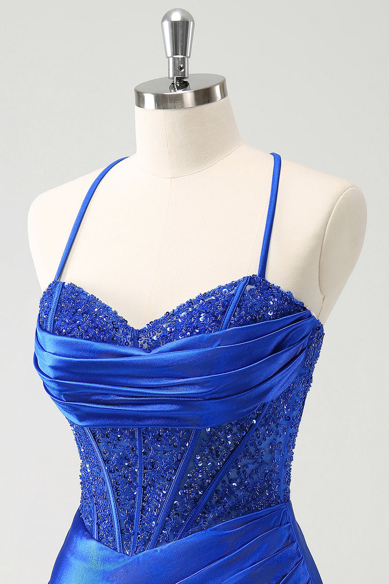 Load image into Gallery viewer, Sparkly Royal Blue Tight Corset Short Graduation Dress with Lace Up Back