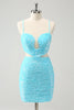 Load image into Gallery viewer, Sparkly Light Blue Spaghetti Straps Sequin Tight Graduation Dress with Hollow Out