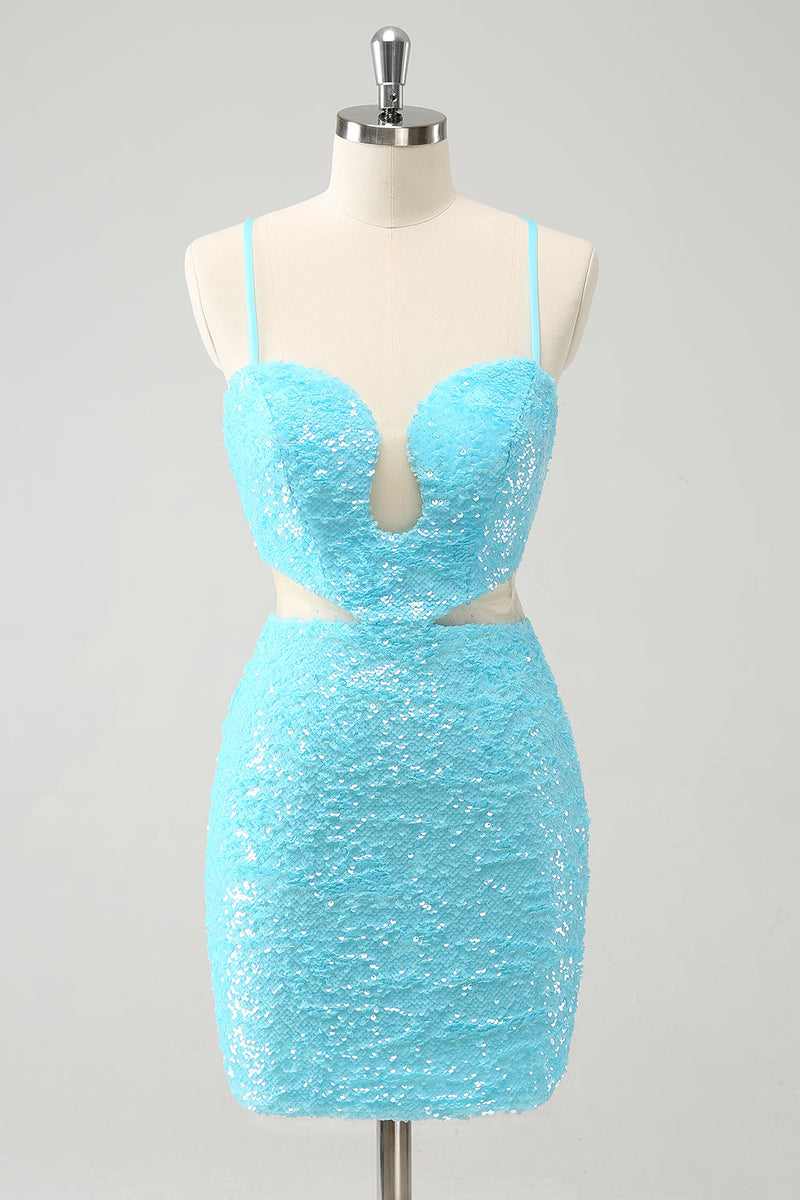 Load image into Gallery viewer, Sparkly Light Blue Spaghetti Straps Sequin Tight Graduation Dress with Hollow Out