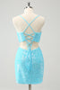 Load image into Gallery viewer, Sparkly Light Blue Spaghetti Straps Sequin Tight Graduation Dress with Hollow Out