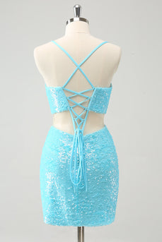 Sparkly Light Blue Spaghetti Straps Sequin Tight Graduation Dress with Hollow Out