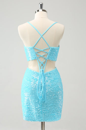 Sparkly Light Blue Spaghetti Straps Sequin Tight Graduation Dress with Hollow Out