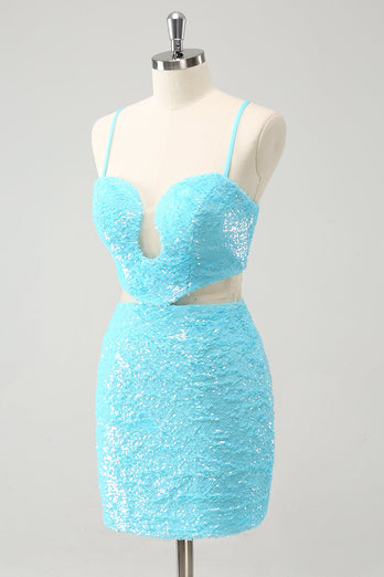 Sparkly Light Blue Spaghetti Straps Sequin Tight Graduation Dress with Hollow Out