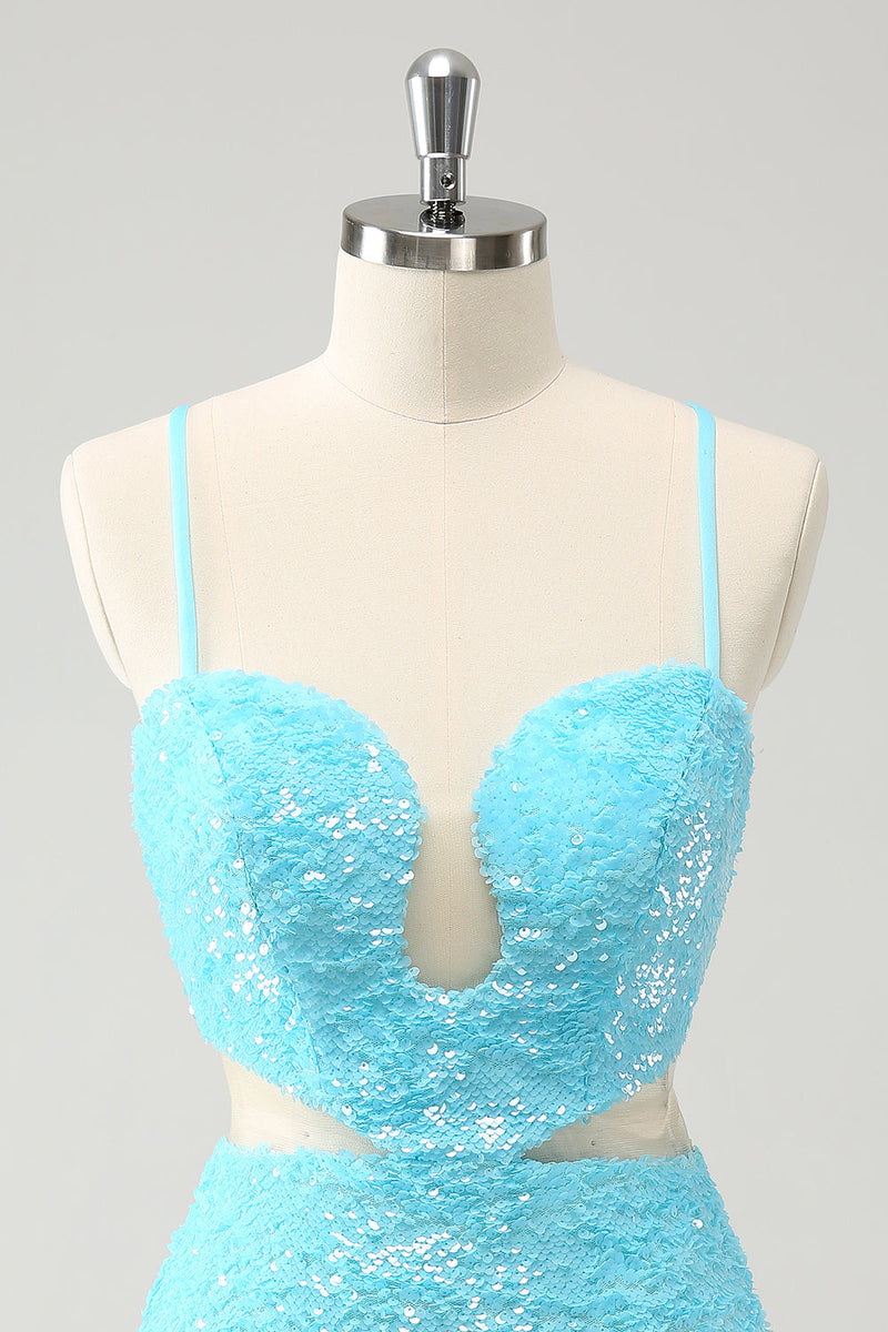 Load image into Gallery viewer, Sparkly Light Blue Spaghetti Straps Sequin Tight Graduation Dress with Hollow Out