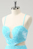 Load image into Gallery viewer, Sparkly Light Blue Spaghetti Straps Sequin Tight Graduation Dress with Hollow Out