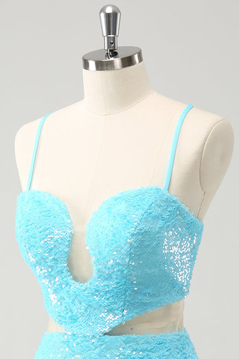 Sparkly Light Blue Spaghetti Straps Sequin Tight Graduation Dress with Hollow Out