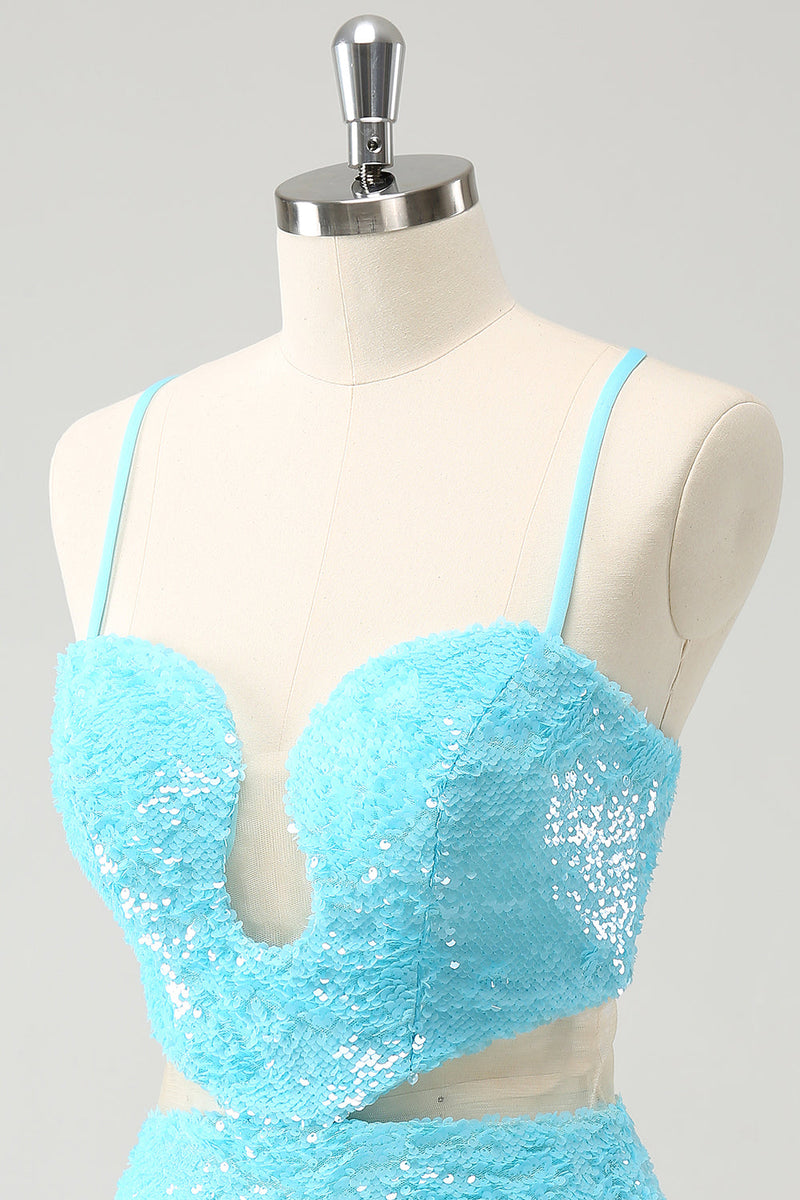 Load image into Gallery viewer, Sparkly Light Blue Spaghetti Straps Sequin Tight Graduation Dress with Hollow Out