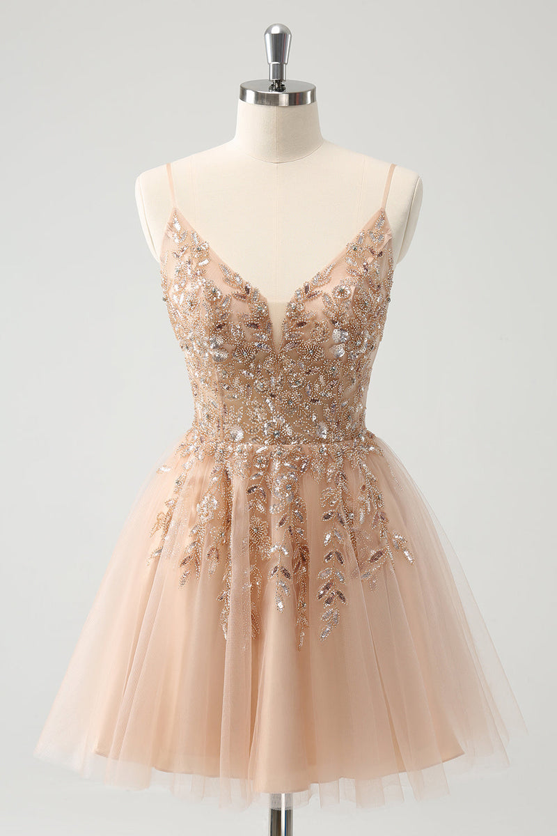 Load image into Gallery viewer, Blush A Line Spaghetti Straps Sequin Tulle Graduation Dress