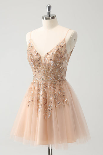 Blush A Line Spaghetti Straps Sequin Tulle Graduation Dress