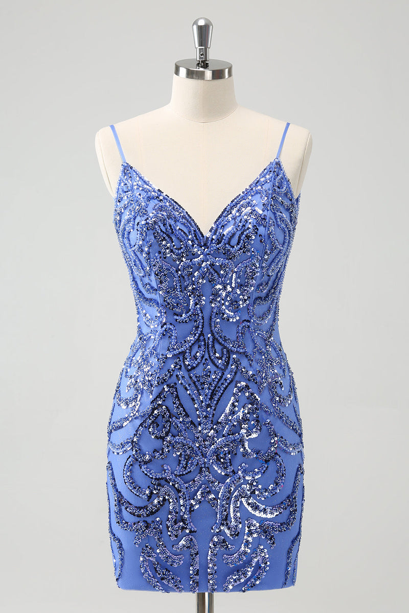 Load image into Gallery viewer, Blue Backless Spaghetti Straps Tight Graduation Dress with Sequins