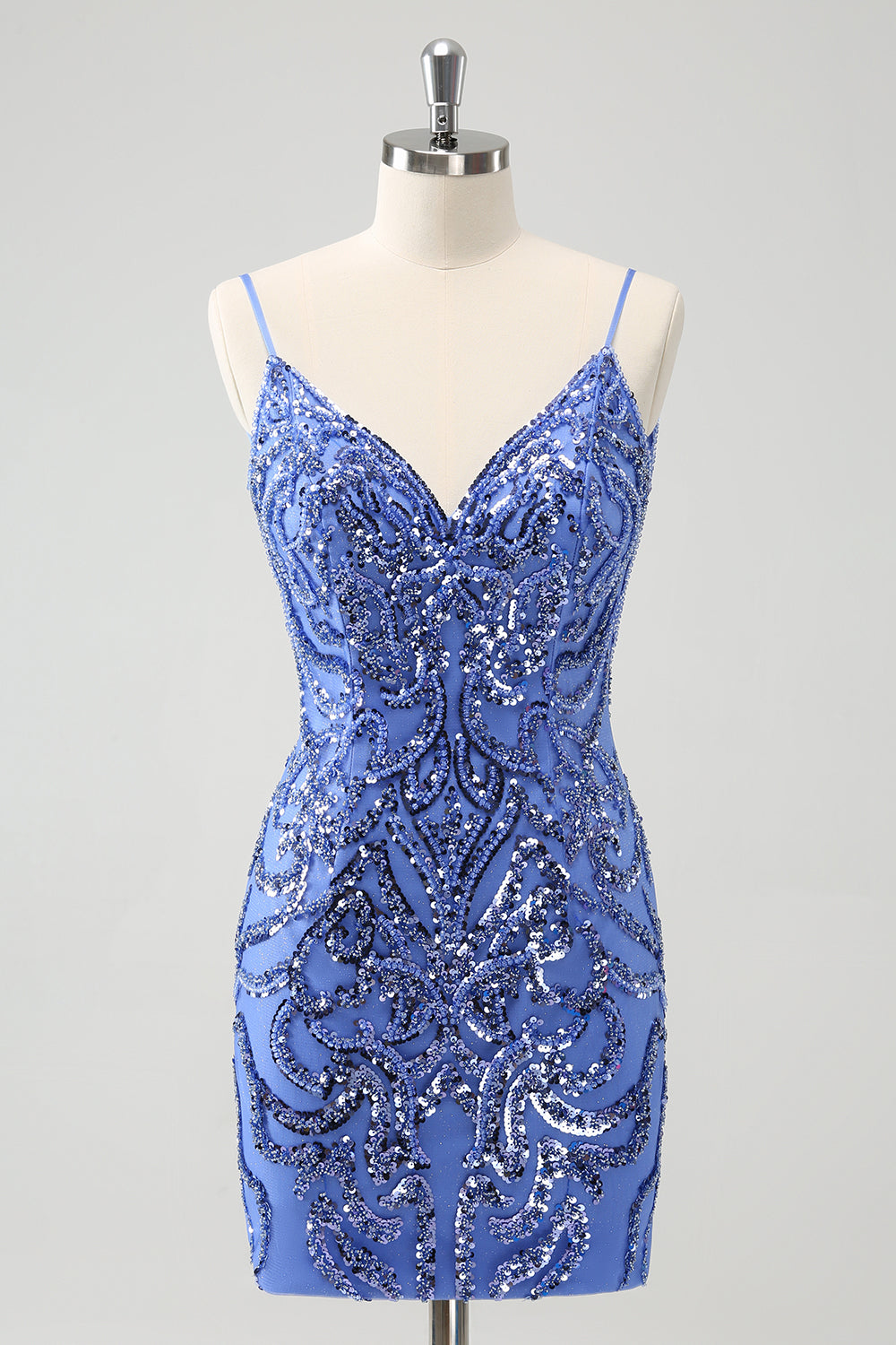 Blue Backless Spaghetti Straps Tight Graduation Dress with Sequins