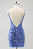 Load image into Gallery viewer, Blue Backless Spaghetti Straps Tight Graduation Dress with Sequins