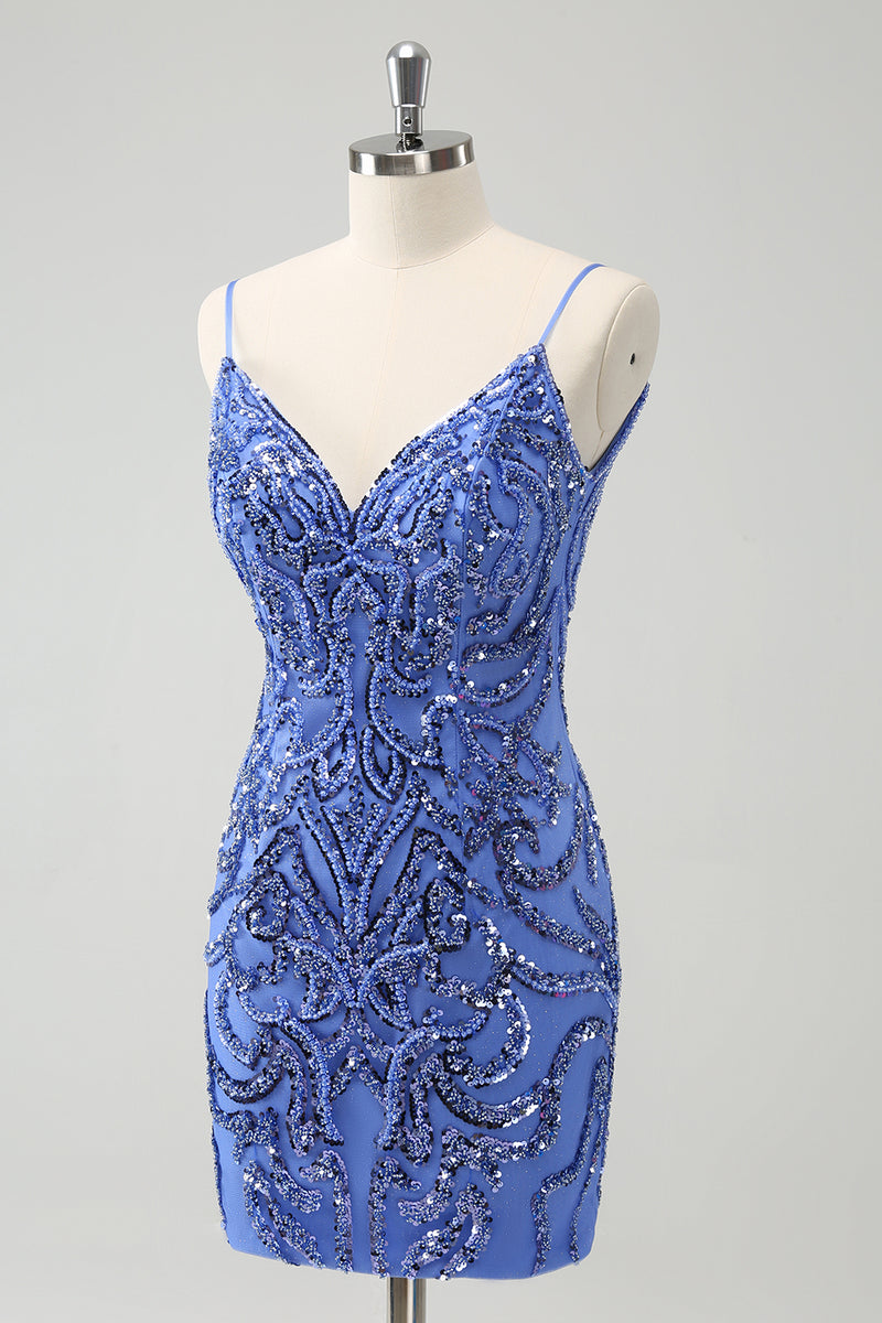 Load image into Gallery viewer, Blue Backless Spaghetti Straps Tight Graduation Dress with Sequins