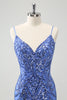 Load image into Gallery viewer, Blue Backless Spaghetti Straps Tight Graduation Dress with Sequins