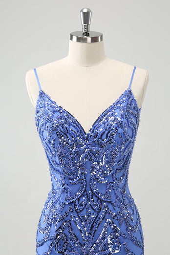 Blue Backless Spaghetti Straps Tight Graduation Dress with Sequins