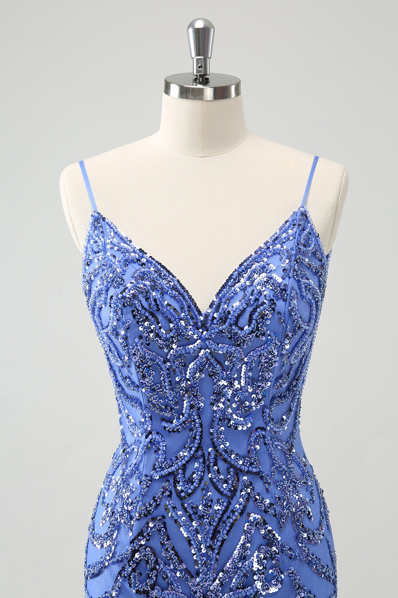 Load image into Gallery viewer, Blue Backless Spaghetti Straps Tight Graduation Dress with Sequins