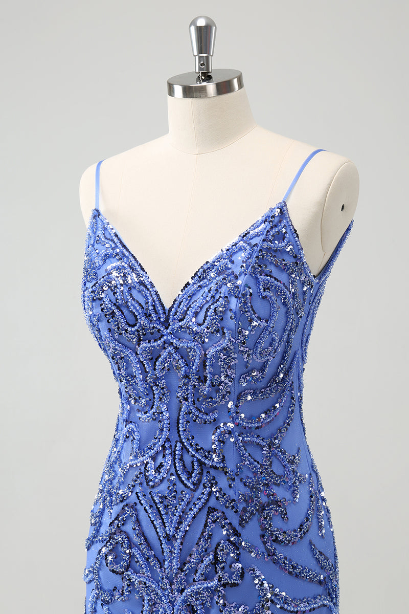 Load image into Gallery viewer, Blue Backless Spaghetti Straps Tight Graduation Dress with Sequins