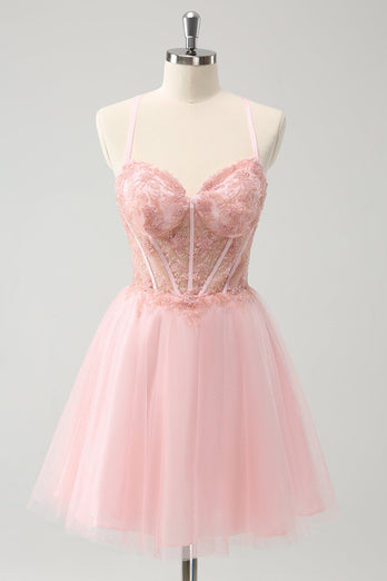 Pink Tulle A-Line Short Graduation Dress with Beading