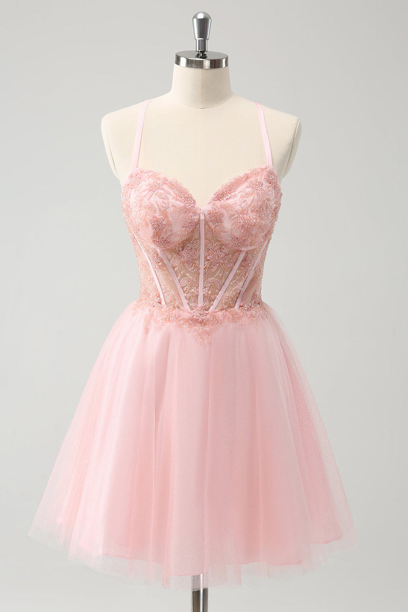 Load image into Gallery viewer, Pink Tulle A-Line Short Graduation Dress with Beading