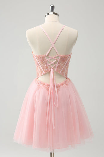 Pink Tulle A-Line Short Graduation Dress with Beading