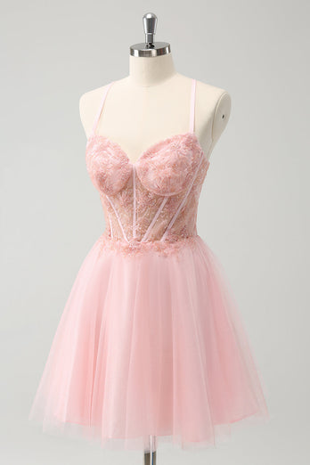 Pink Tulle A-Line Short Graduation Dress with Beading