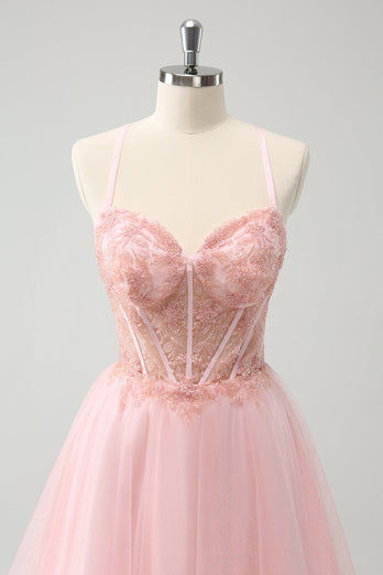 Pink Tulle A-Line Short Graduation Dress with Beading