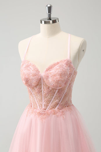 Pink Tulle A-Line Short Graduation Dress with Beading