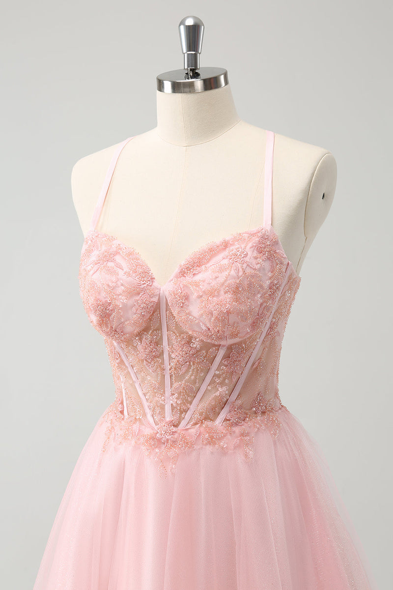 Load image into Gallery viewer, Pink Tulle A-Line Short Graduation Dress with Beading